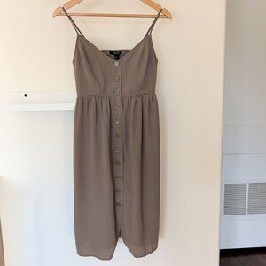 Forever 21 Women's Cute Strappy Button Up Smocked Back Dress Flowy Olive Khaki M